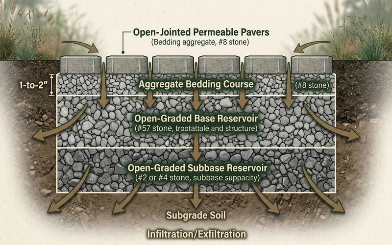 Cross-section diagram of a permeable paver installation showing infiltration