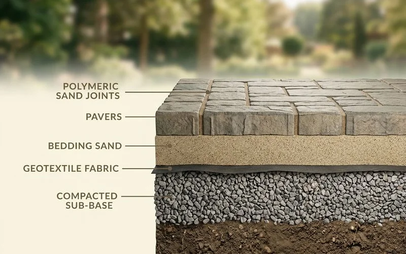 Cross-section of a properly built paver patio with labeled layers