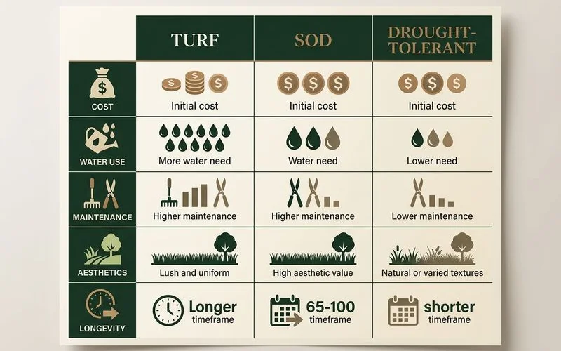 Decision matrix comparing turf, sod, and drought across cost, water, maintenance, heat, and look