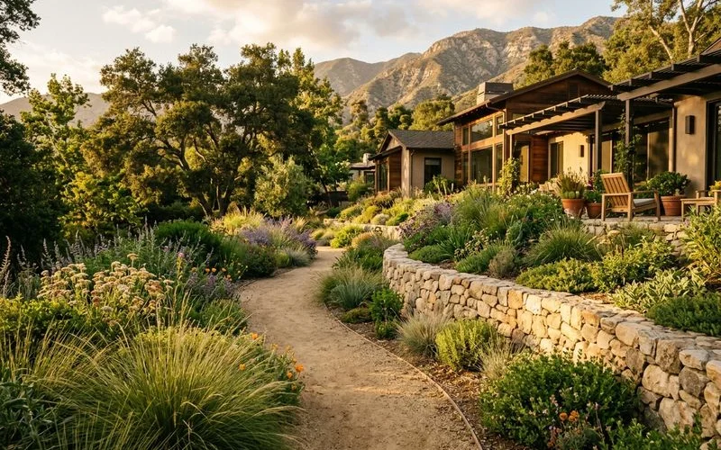 Path through native garden bordered by ornamental grasses in La Cañada Flintridge