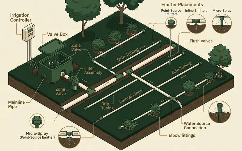 Schematic of a drip irrigation zone with controller, valve, mainline, and emitters