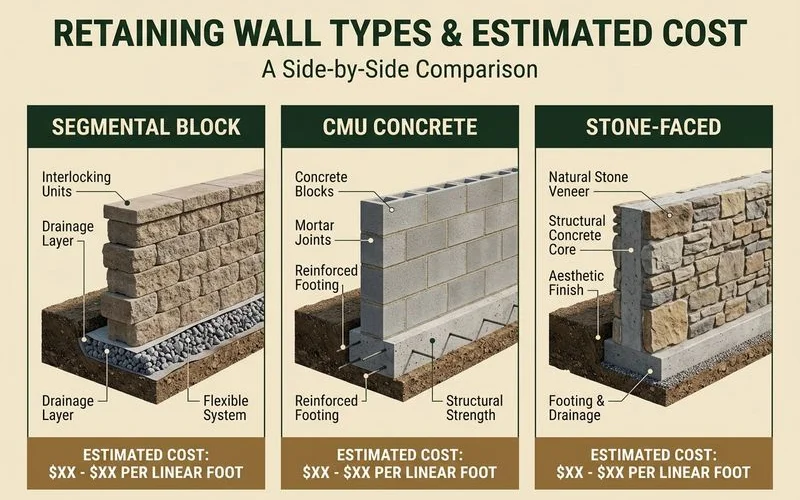 Three wall types with cost-per-linear-foot labels