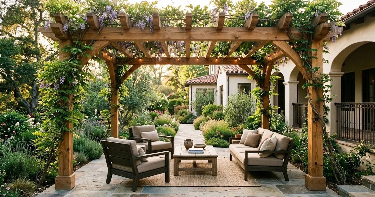 Custom cedar pergola over a paver patio with climbing vines and integrated lighting in Pasadena
