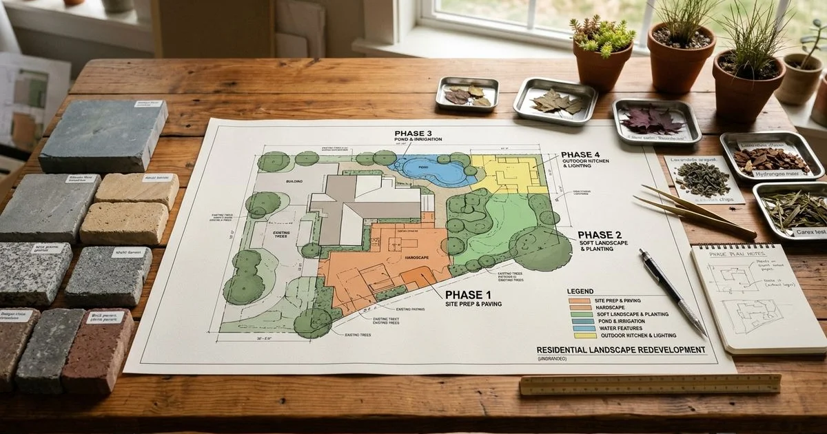 Designer's overhead site plan with phase markings and material samples