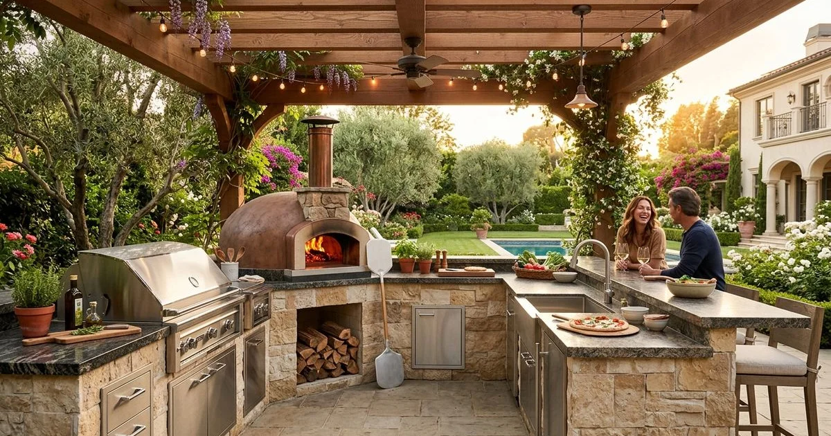 Luxury L-shaped outdoor kitchen with grill, pizza oven, and stone countertops in Beverly Hills