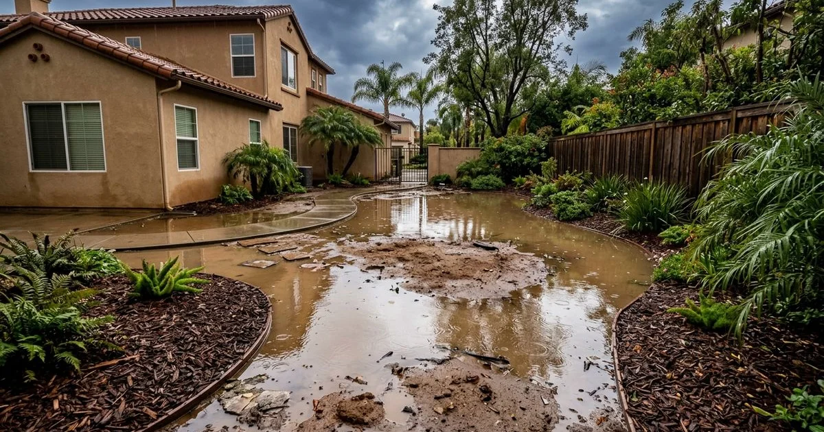 Pooled water in an LA backyard after a rainstorm showing brown clay soil and mulched beds