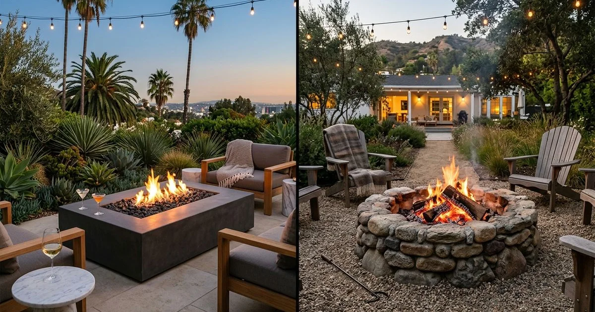 Side-by-side comparison of a gas fire pit and a wood-burning stone fire pit
