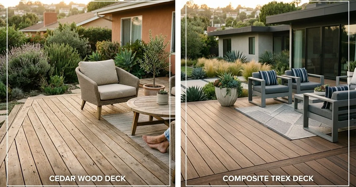 Side-by-side comparison of cedar wood deck and composite Trex deck at two LA homes