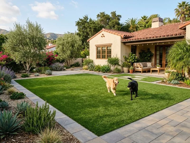 Backyard artificial turf lawn with paver border in Glendale