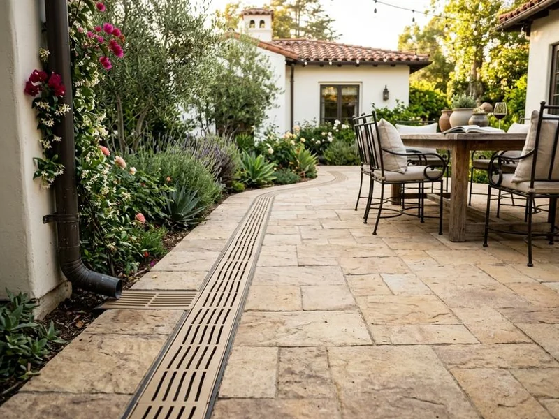 Channel drain integrated along a paver patio edge