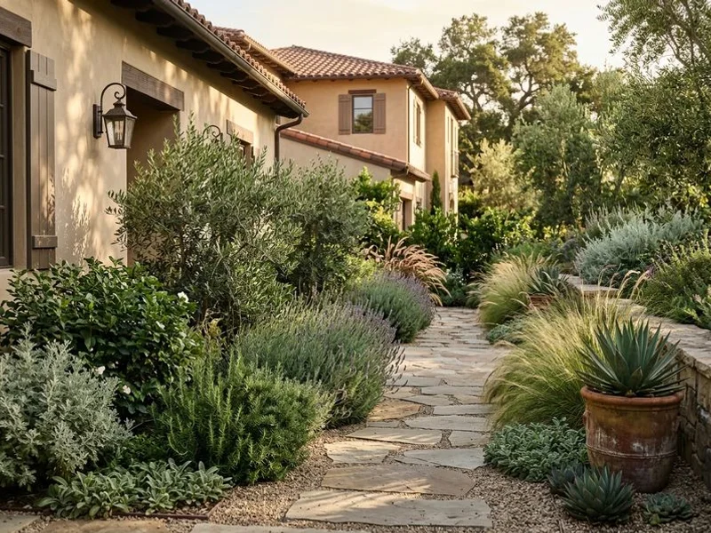 Layered Mediterranean drought-tolerant side yard in San Marino