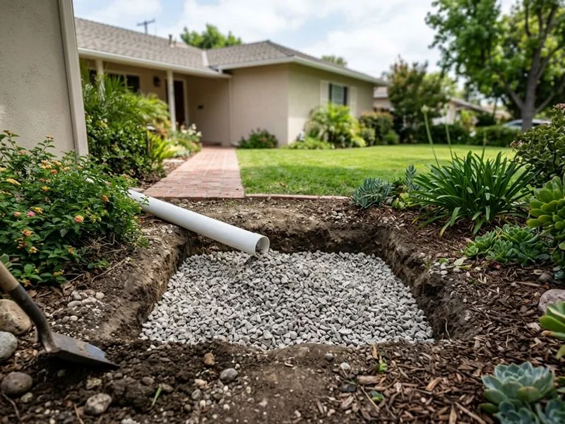 Dry well excavation sized for downspout discharge in Burbank