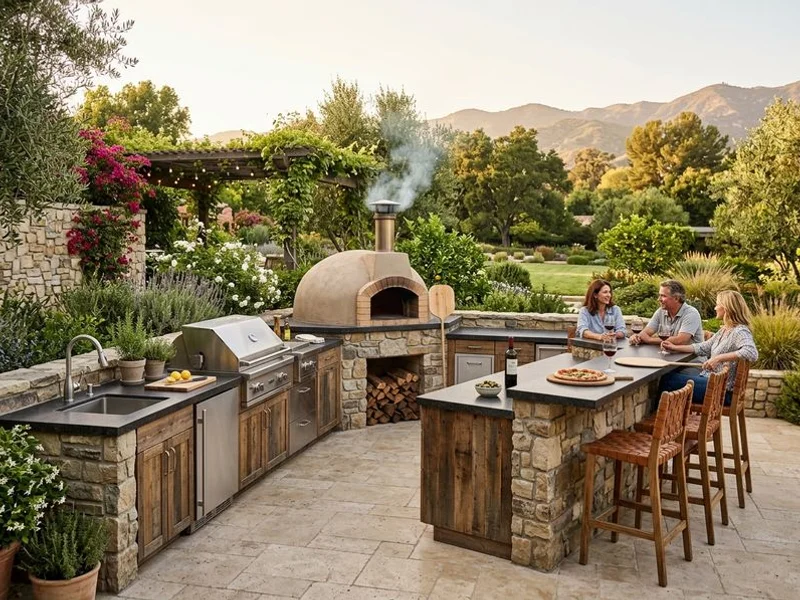 Full L-shaped outdoor kitchen with pizza oven in San Marino