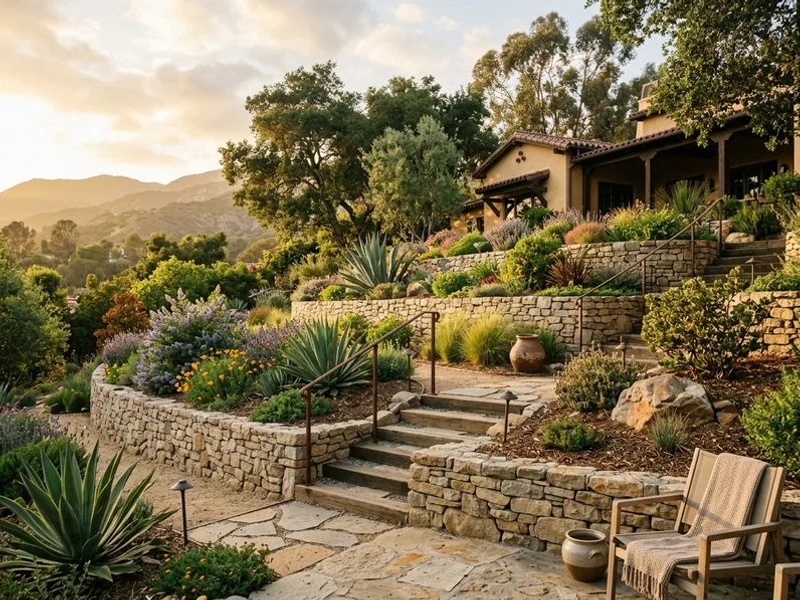 Hillside drought-tolerant landscape with terracing in La Cañada