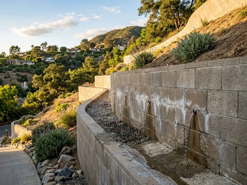 Hillside sub-surface drainage with weep holes behind a CMU retaining wall