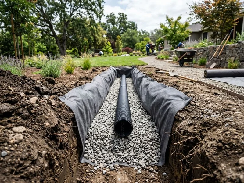Trenched French drain with gravel envelope and geotextile wrap