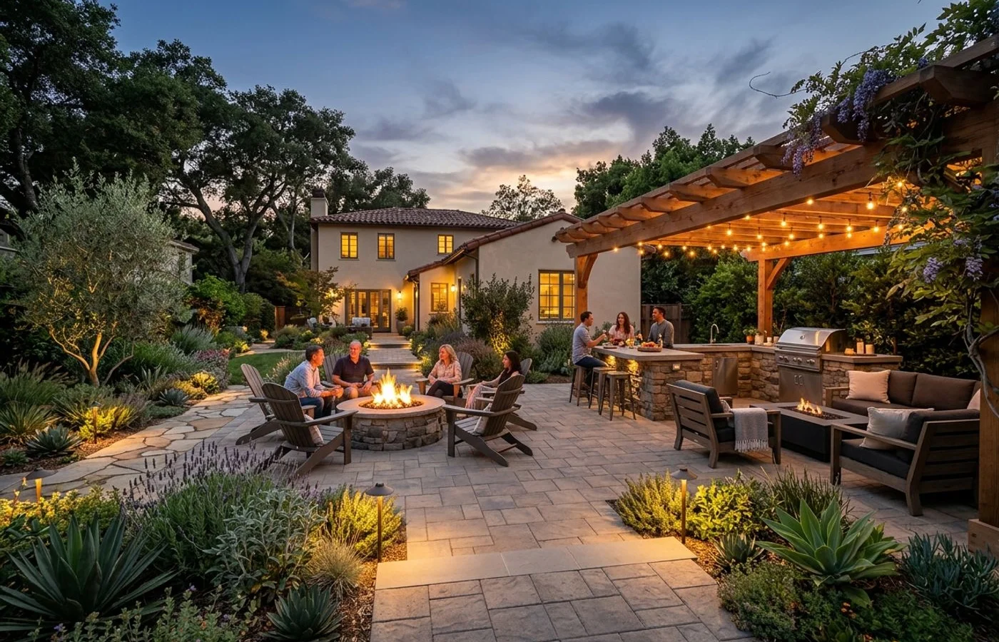 Integrated hardscape build with paver patio, pergola, kitchen and fire pit in Pasadena